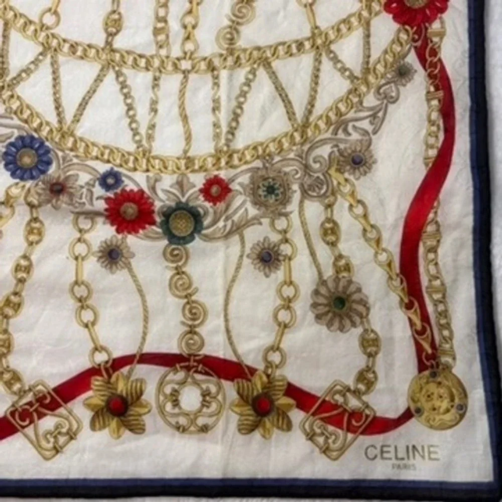 Vtg CELINE Scarf Handkerchief Chain Floral Silk White 20
